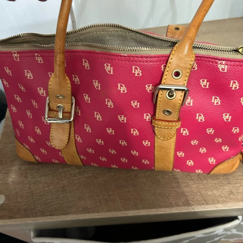 Dooney & Bourke Bright Pink Logo Tote with Tan Leather Trim - Picture 2 of 9